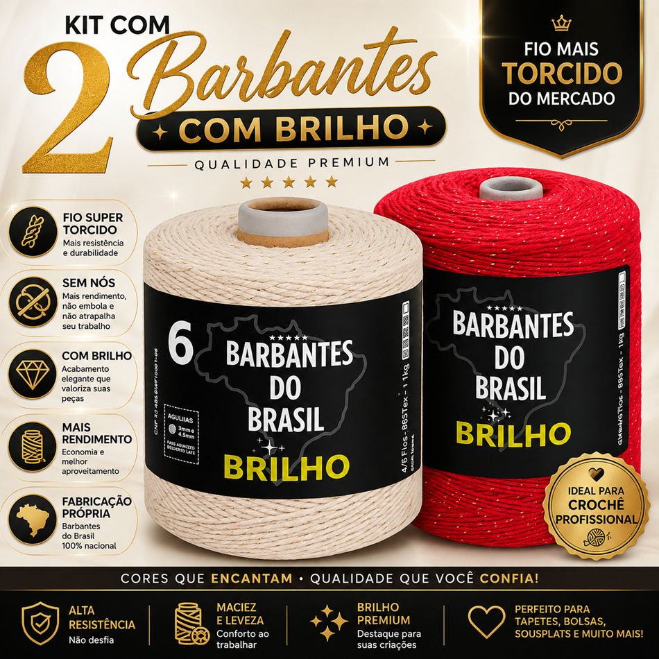 Kit 2 Barbantes Brilho Dourado e Prata Fio 6 Crochê 2kg Escolha as Cores via Chat