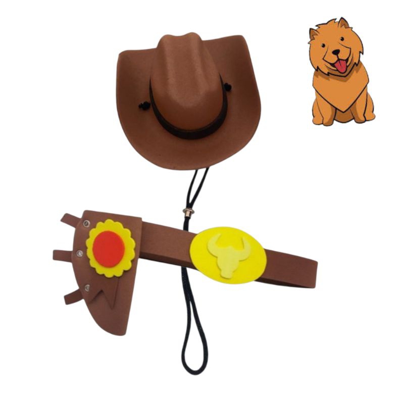 Kit Chapéu e Cinto Cowboy Cowgirl para Pet em EVA Ajustável para Cães e Gatos Fantasia Cowboy