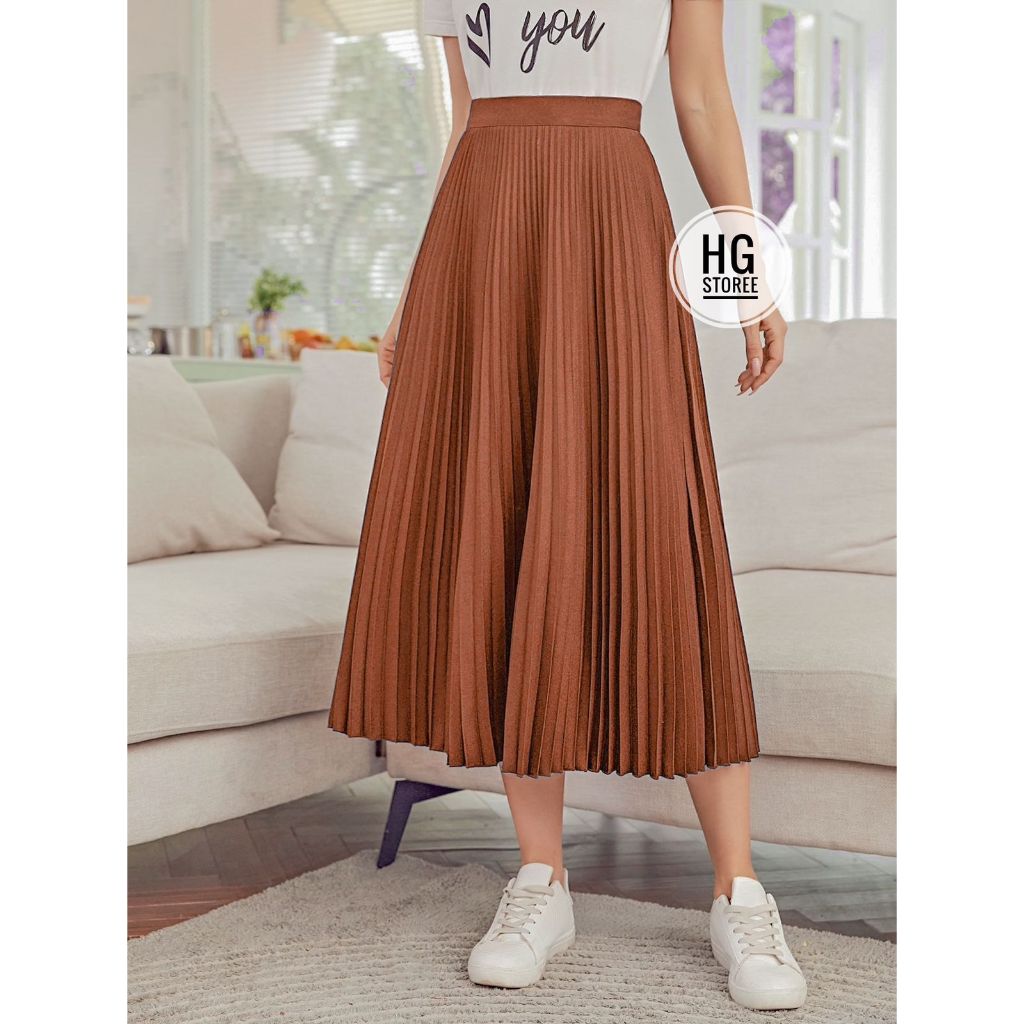 Saia midi feminina plissada lisa longuete com forro cintura alta moda evangélica elegante
