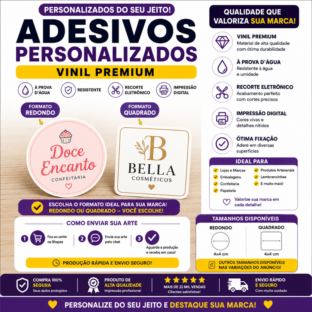 Adesivos Personalizados Vinil 4x4cm | À Prova D’Água |Recorte Eletrônico|Logo Etiqueta Personalizada
