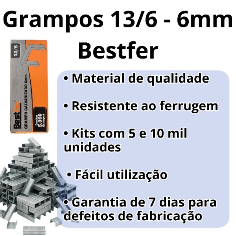Grampos 13/6 6mm galvanizados de metal para grampeador manual e tapeçaria — imagem 2 de 2