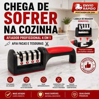 Afiador de Facas, Amolador Profissional 4em1 Facas,Tesouras,Serilhadas e Cutelos.Base Antiderrapante