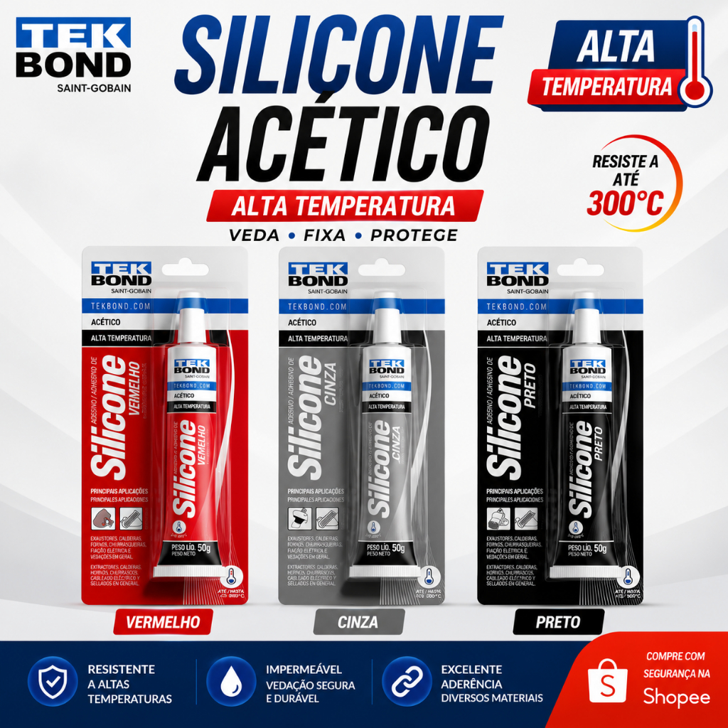 Silicone Tekbond Alta Temperatura 50g Vedação Motores Escapamento Original - Vermelho Preto ou Cinza