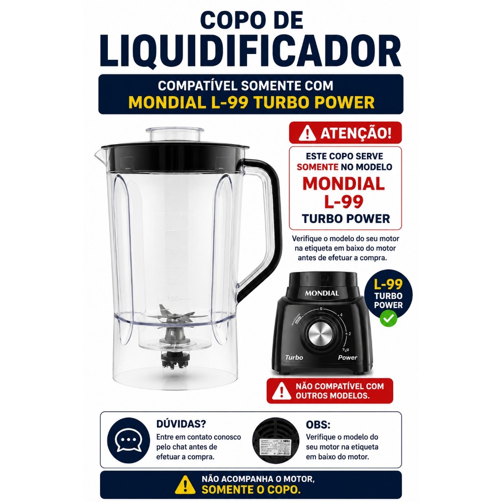 9437 Copo Jarra para Liquidificador Compatível Mondial Turbo Power L-99 FB – ( Atenção AO Modelo)