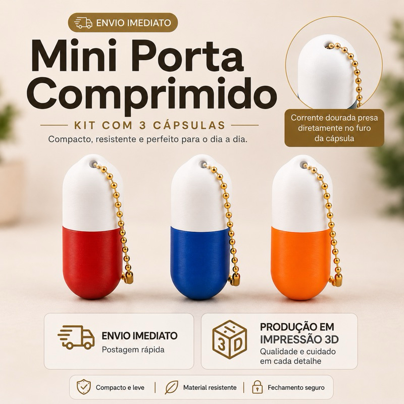 Kit 3 Mini Porta Comprimido Cápsula Chaveiro Porta Remédio 4cm Impressão 3D Premium