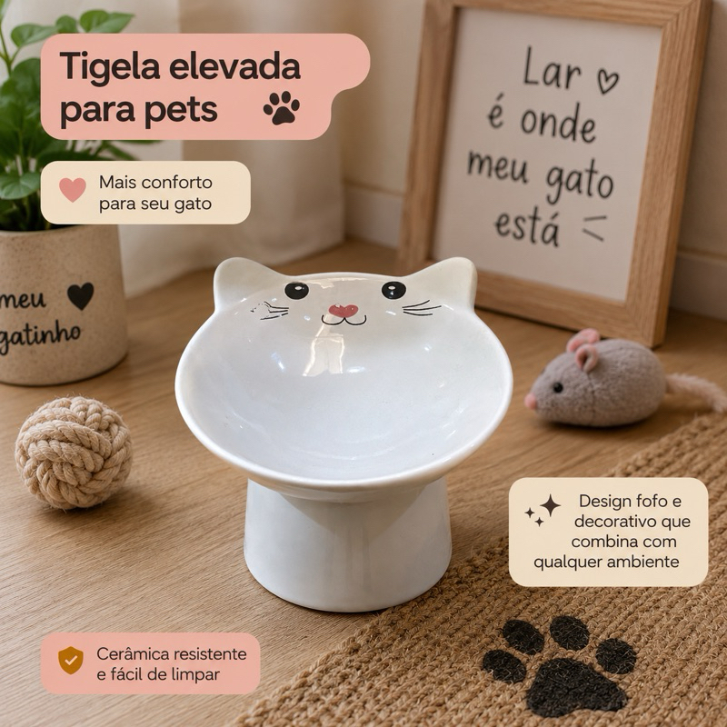 Tigela Elevada para Gato em Cerâmica Premium | Pote Ergonômico Anti Vômito Alimentação Confortável Pet