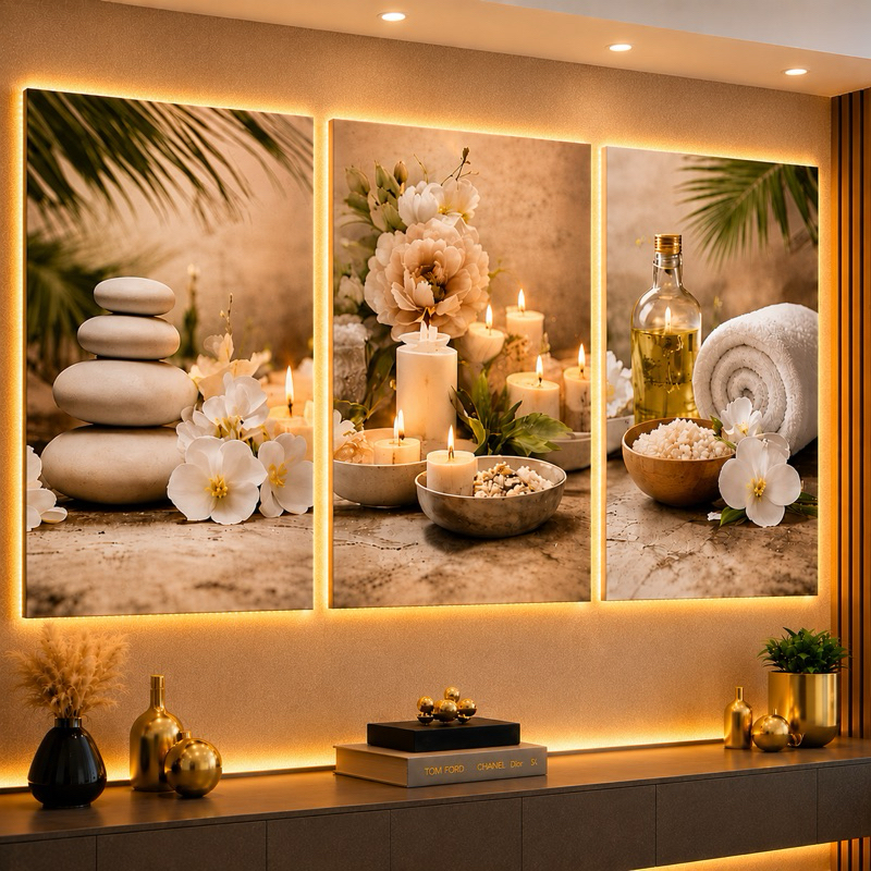 Kit 3 Quadros Decorativos Spa Relax 20x30 ou 60x40 – Velas Pedras e Flores para Quarto Sala Estética