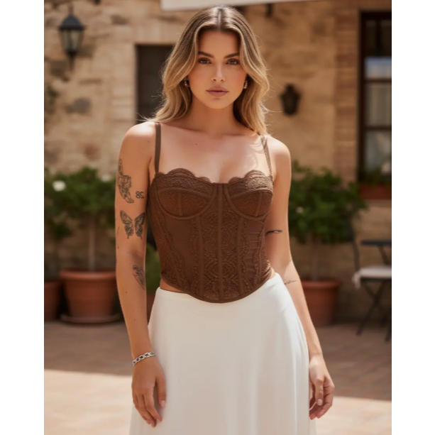 Cropped Feminino Corset com Renda Alça Fina Sexy Elegante