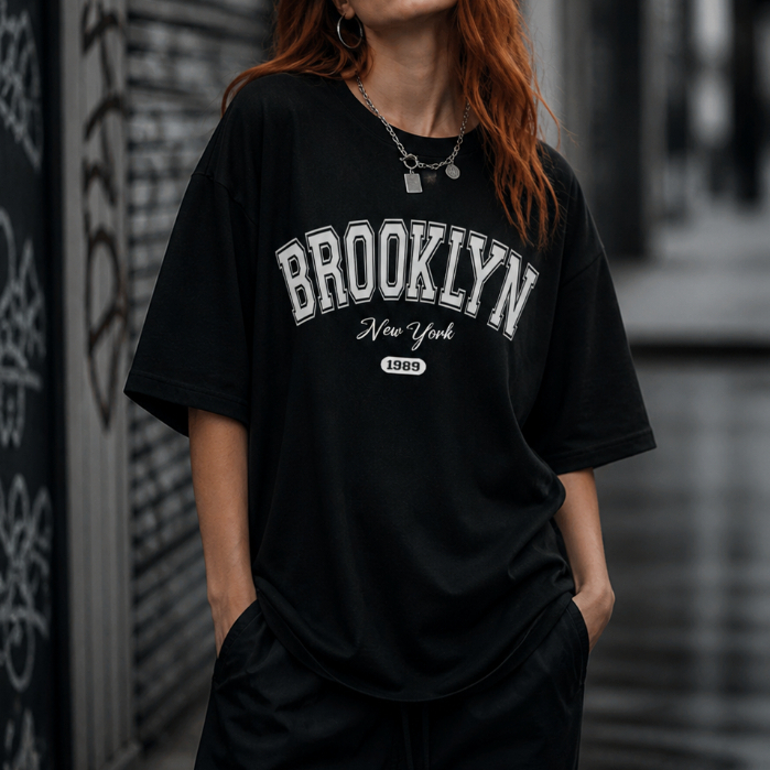 Camiseta Feminina Oversized Brooklyn 1989 100% Algodão Larga Streetwear Casual Confortável Moda Urbana