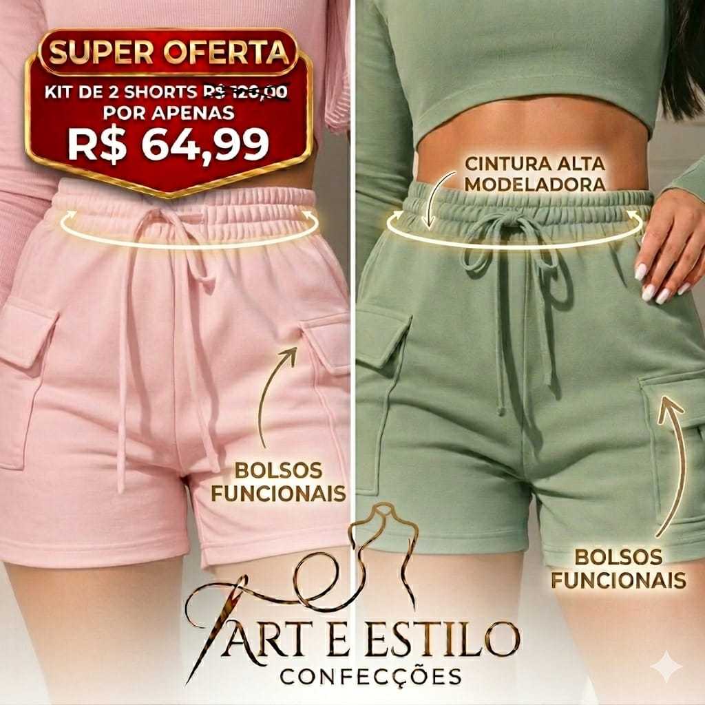 Kit 2 Peças Short Cargo Feminino Moletom Moletinho Shortinho Soltinho Confortável Algodão
