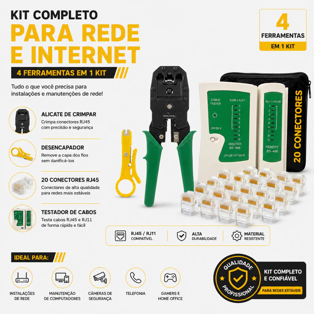 Crimpador RJ45 RJ11 Profissional com Testador de Cabo Rede + 20 Plugs RJ45 Conectores