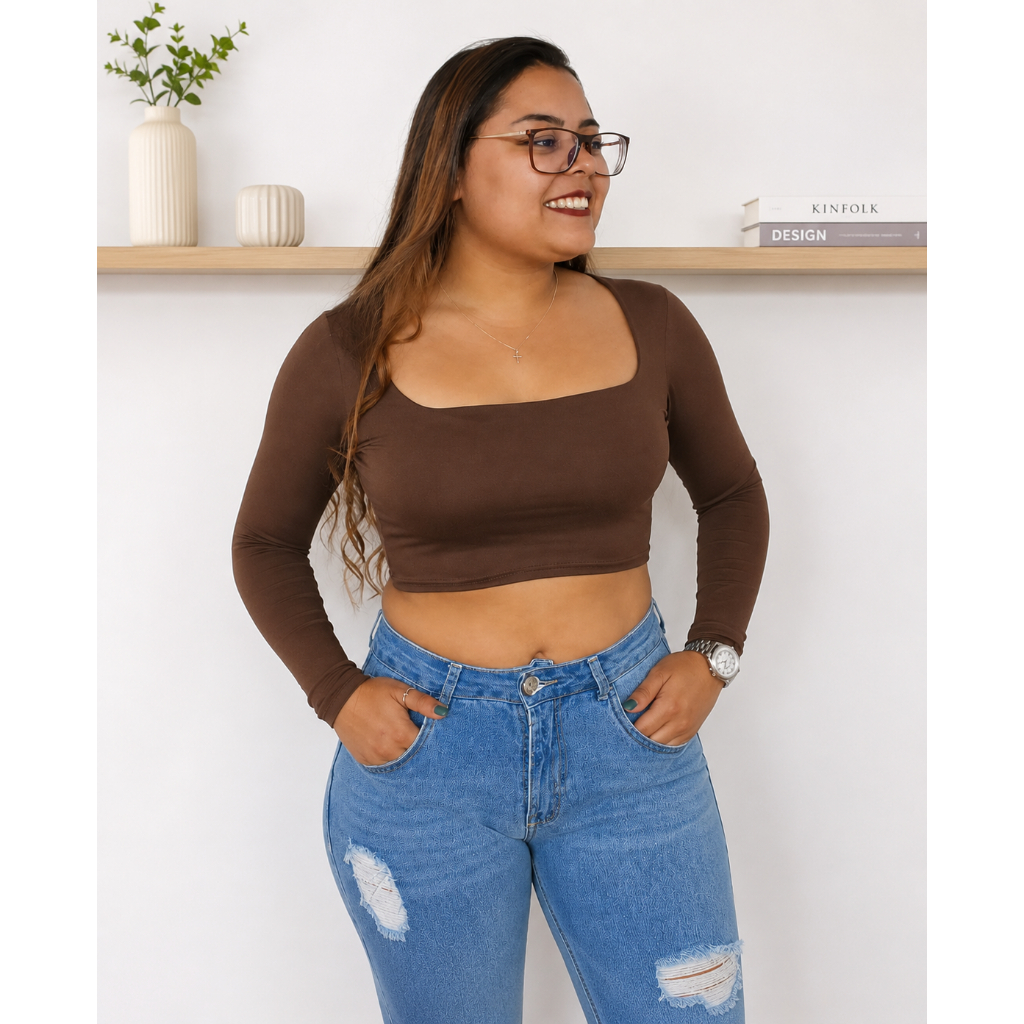 Blusa Cropped Feminino Decote Quadradinho com Forro  Manga Longa Blogueira Em Tecido Suplex