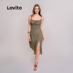 Lovito Vestido Feminino Alças finas e Fenda Moda Feminina DRB1166BRL1196