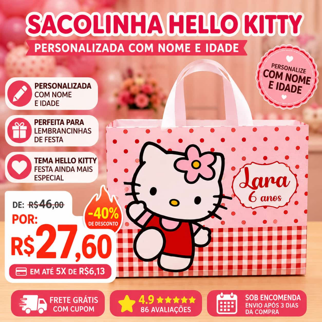 Sacolinha Hello Kitty Vermelha Personalizada com Nome e Idade | Lembrancinha Infantil Pegue e Monte | Festa Aniversário