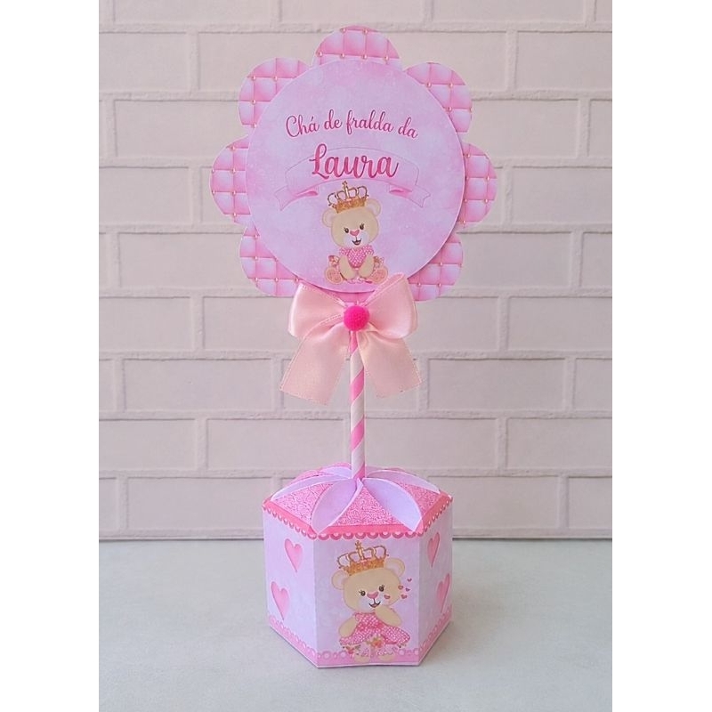 Centro de Mesa Chá de Bebê Ursinha Rosa Festa Infantil aniversário mêsversário chá de fraldas