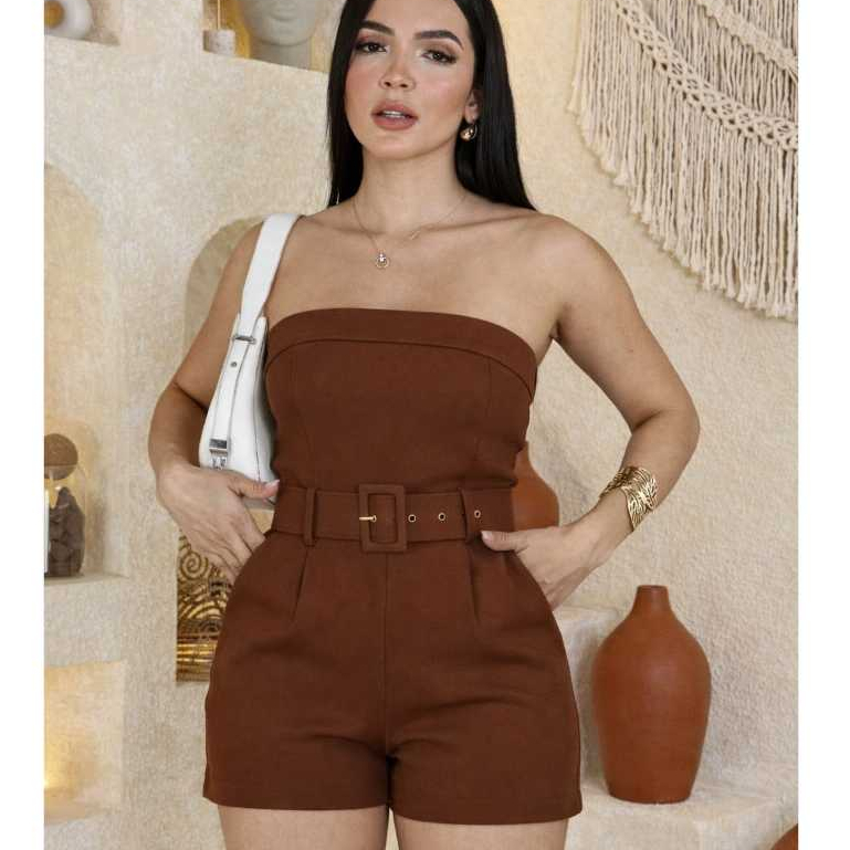 Macaquinho Alfaiataria femiminina Curto Com Cinto e Bojo Macaquinho feminino Liquidação2026**&