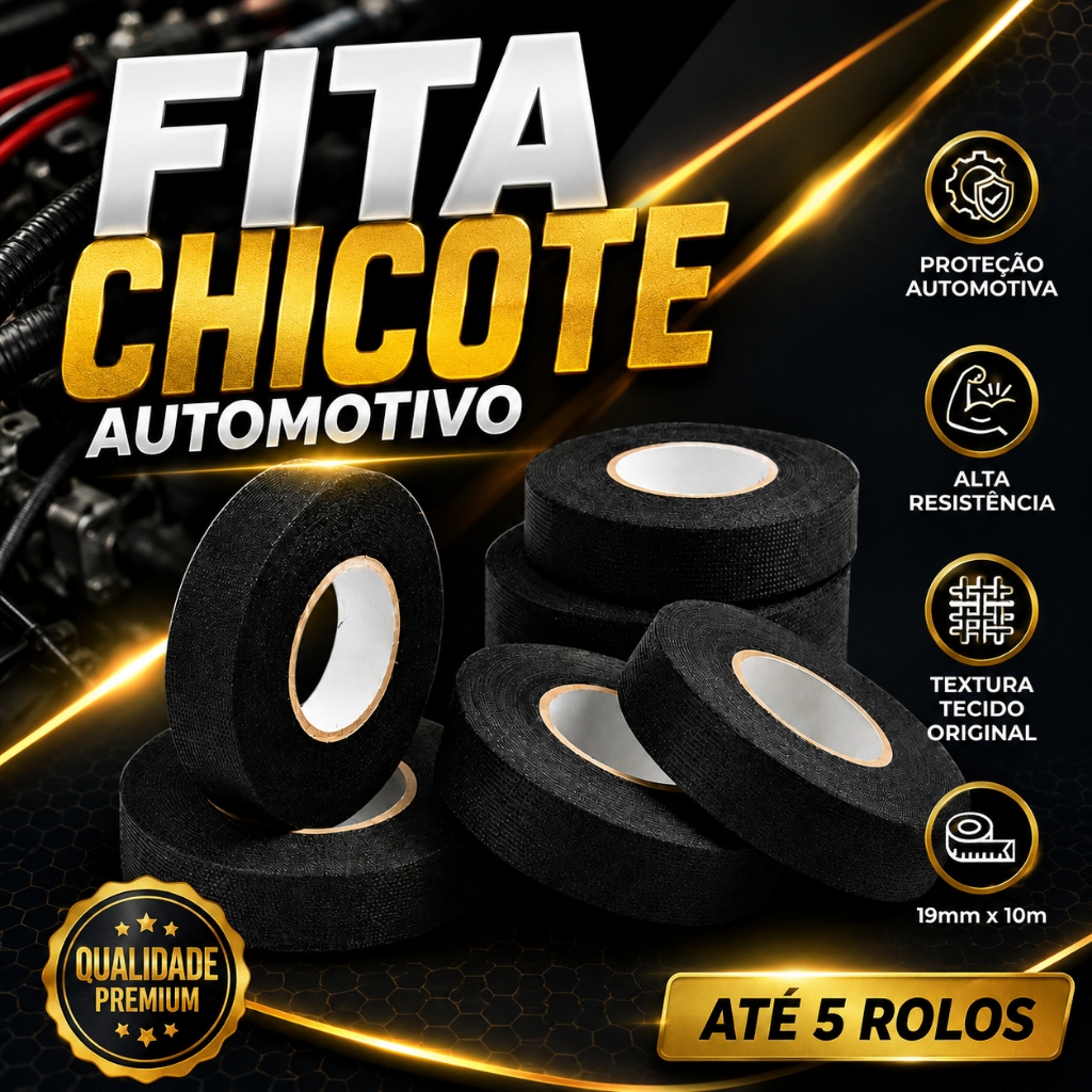 Fita Chicote Isolante Tecido Automotivo Autoadesivo Carro Moto - 10m x 19mm Anti Ruído Altas Temperaturas Alta Fixação