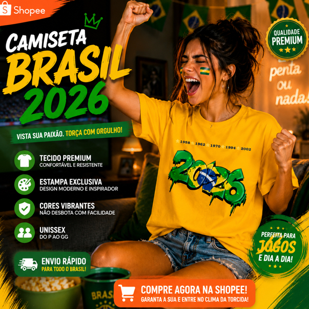 Camiseta Copa 2026 Brasil  | Camisa Seleção Brasileira Estampada | Moda Torcedor Futebol Masculina e Feminina | C