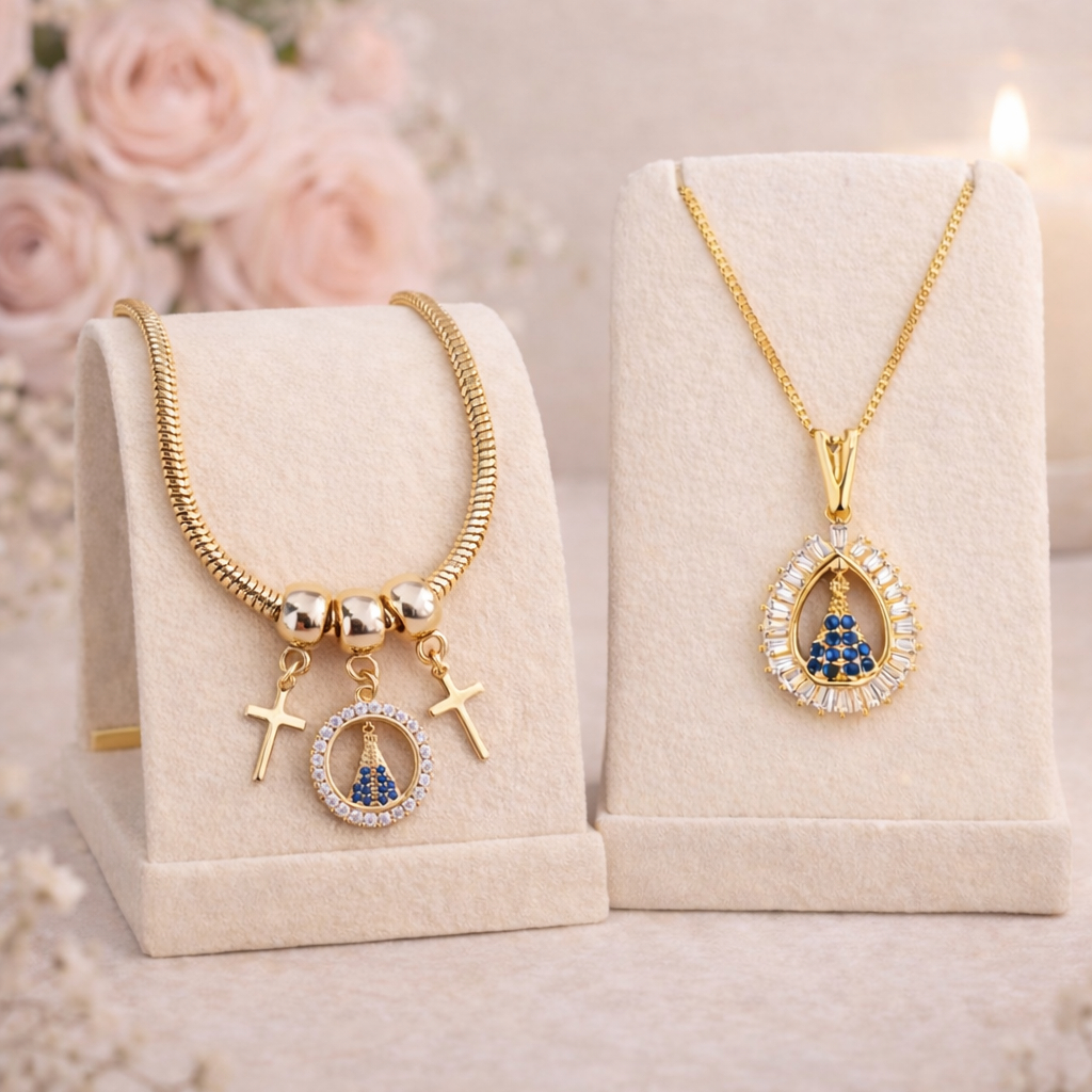 Kit Pulseira Pingente + Colar Gota Cravejada Nossa Senhora Aparecida Folheado a Ouro 18K