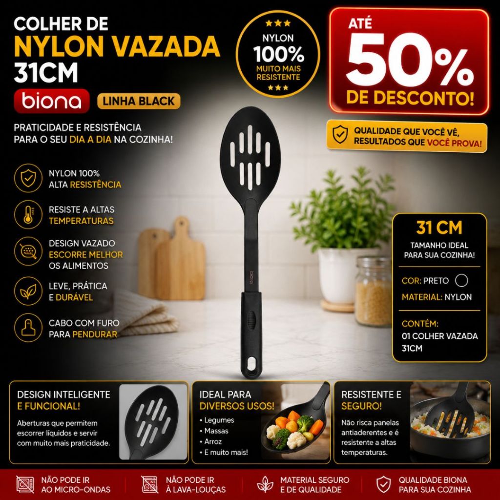 Colher De Nylon Vazada 31Cm Black Biona