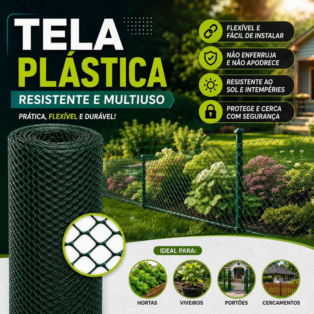 Tela Plástica Altura 1 Metro X 5/10/15 Metros de Comprimento Multiuso Reforçada Trama Altura