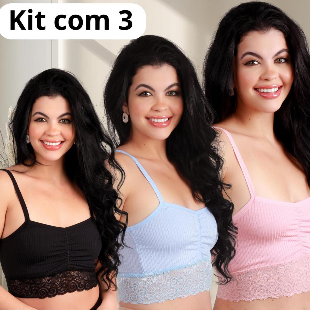 Kit 3 Top Cropped Feminino Renda Canelado Sem Costura Alcinha Confortável Blogueira