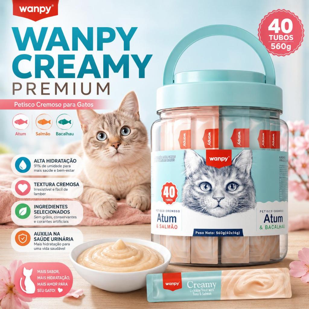 Petisco Cremoso Para Gatos Wanpy Creamy 40 Tubos 560g Atum Salmão E Bacalhau Snack Premium Sachê Cremoso Alta Hidratação