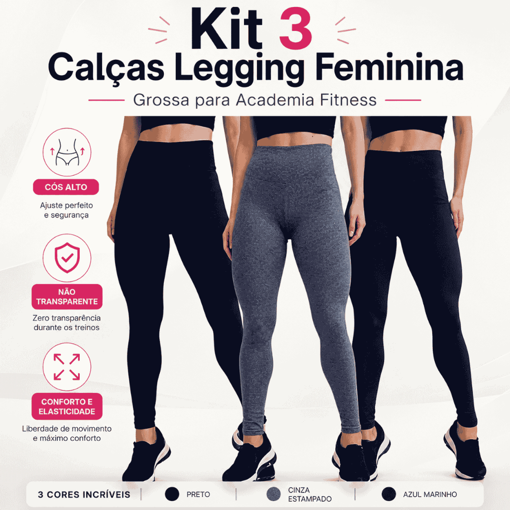 Kit Com 3 Legging Feminina Grossa Fitness Academia Cós Alto Zero Transparência Calça Modeladora Treino Conforto