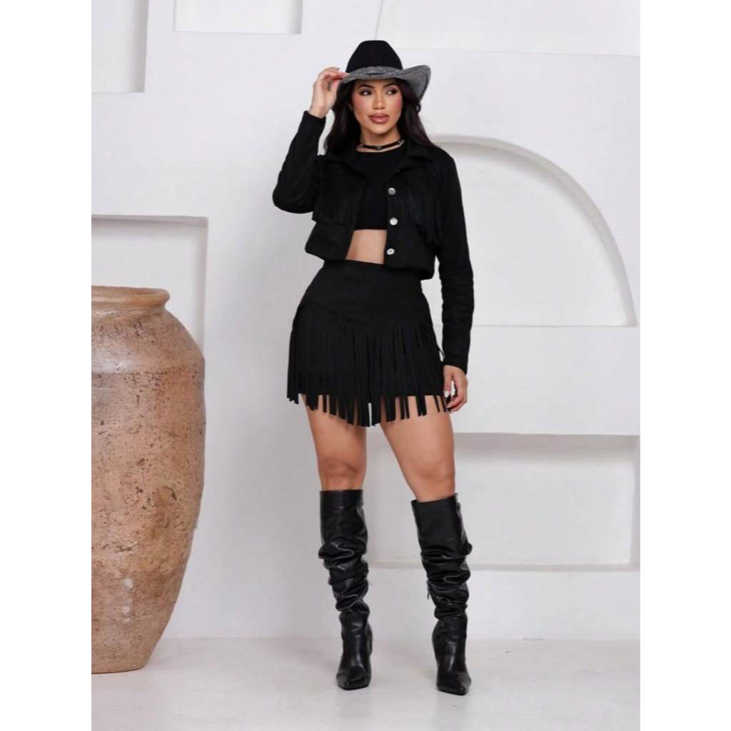 Mega Conjunto feminino em suede com franjas tendencia Outono e Inverno — imagem 2 de 2