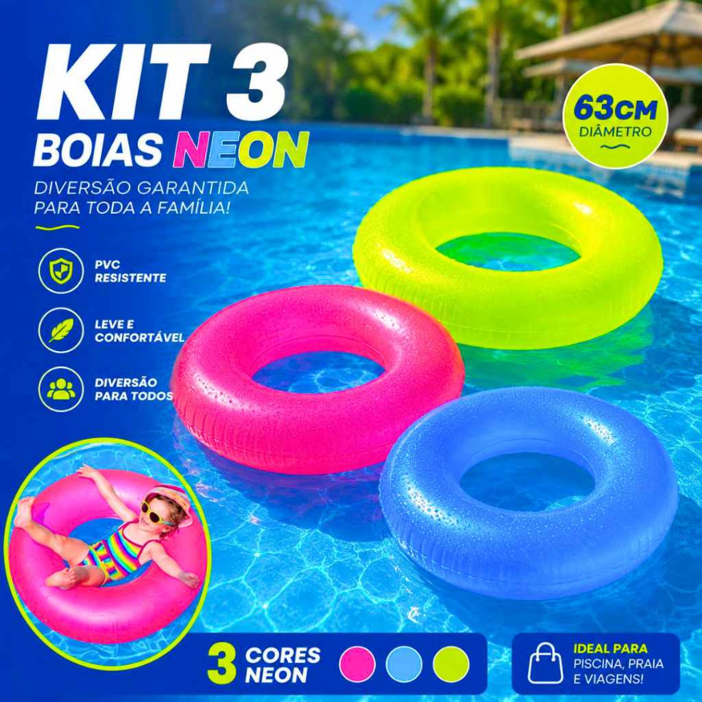 Kit 3 Boias Circular Donuts Infláveis Neon 63cm Piscina Praia PVC Resistente Infantil Adulto Verão Coloridas