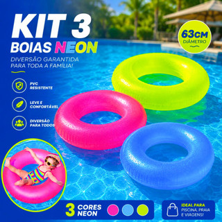 Kit 3 Boias Circular Donuts Infláveis Neon 63cm Piscina Praia PVC Resistente Infantil Adulto Verão Coloridas