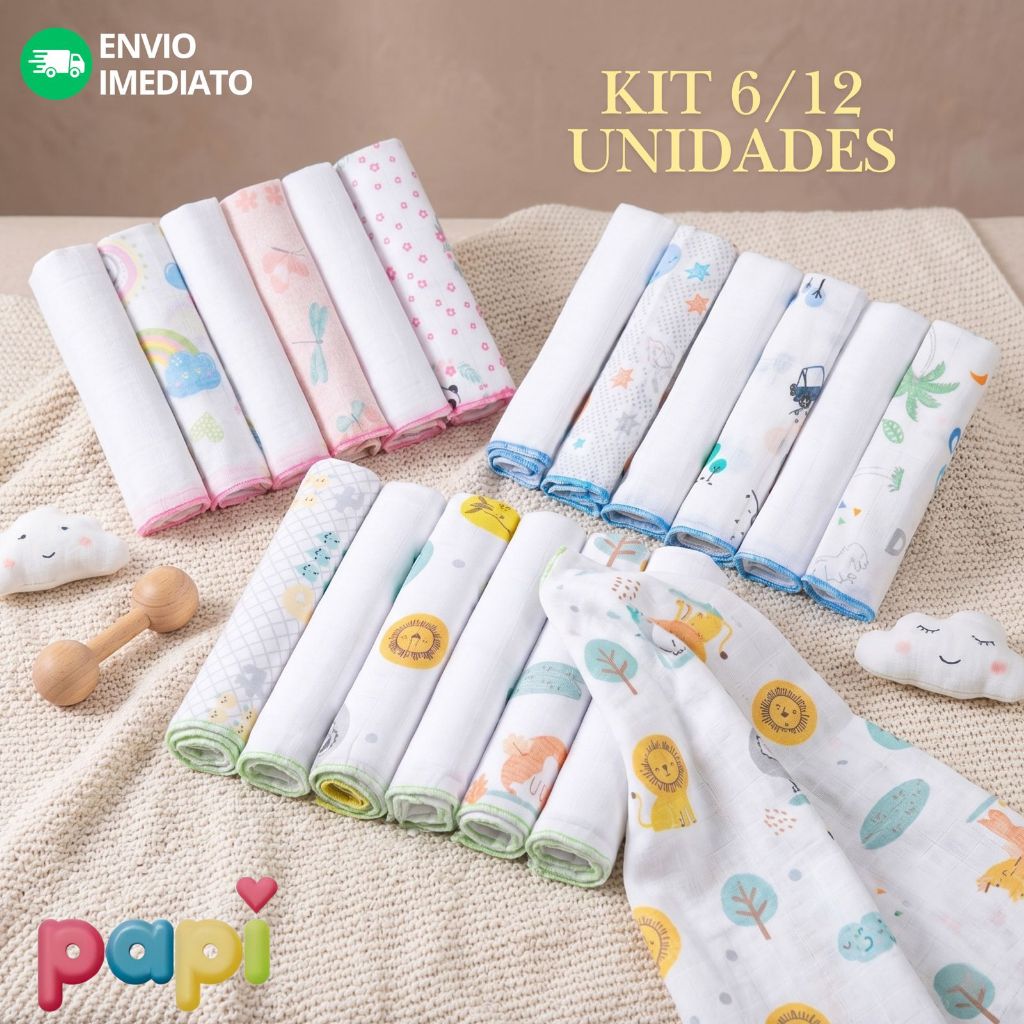 Kit 6/12 UNID Paninhos Boca 100% Algodão Paninho Fralda Bebê 30cmx30cm Papi Karinho