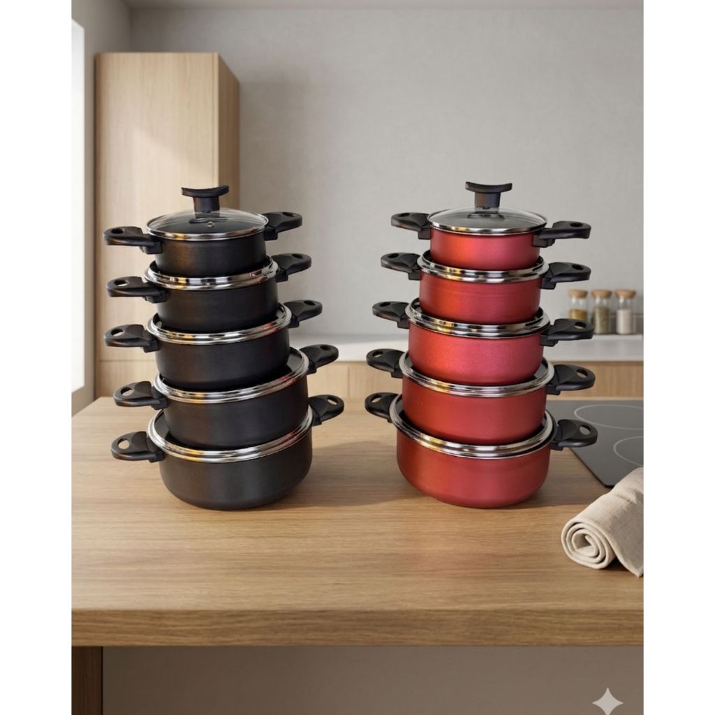 Jogo de panelas - 5 Caçarolas + 5 utensílios de Cozinha - Antiaderente - Preto ou Cereja