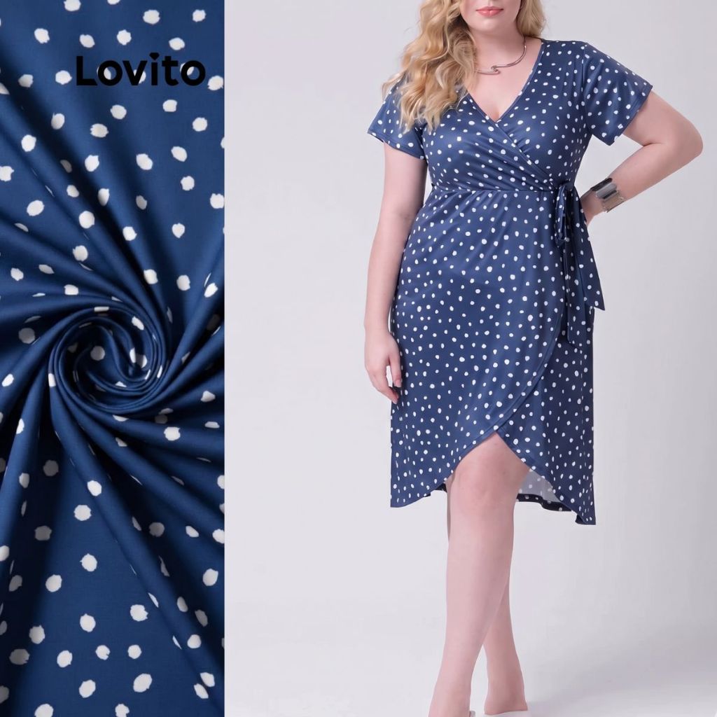 Lovito Vestido Feminino Envelope Estampa Poá Plus Size DRB422BRL451