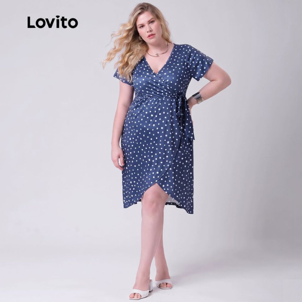 Lovito Vestido Feminino Envelope Estampa Poá Plus Size DRB422BRL451 · foto 2