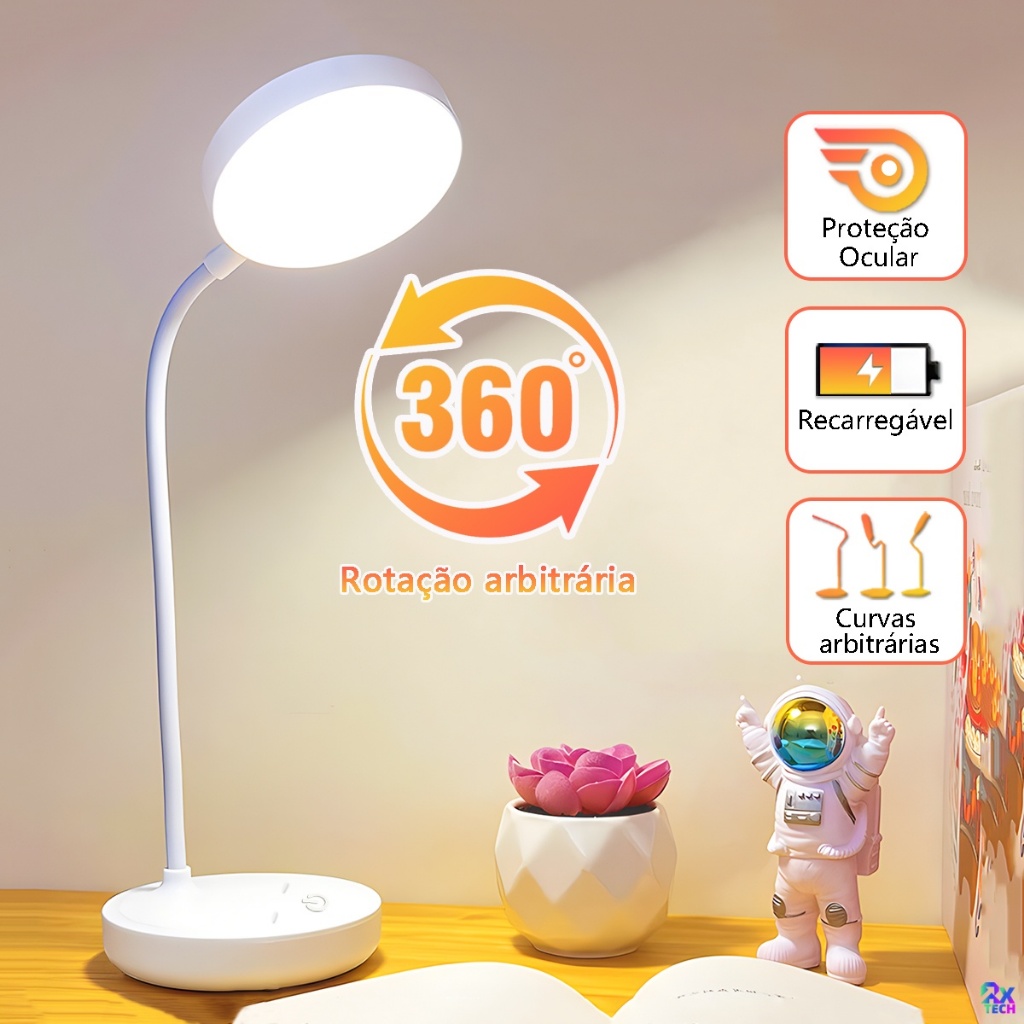 Luminária Abajur de Mesa LED recarregável 360° Ajustável Com Proteção Os Olhos Usb Sem Fio BigTech