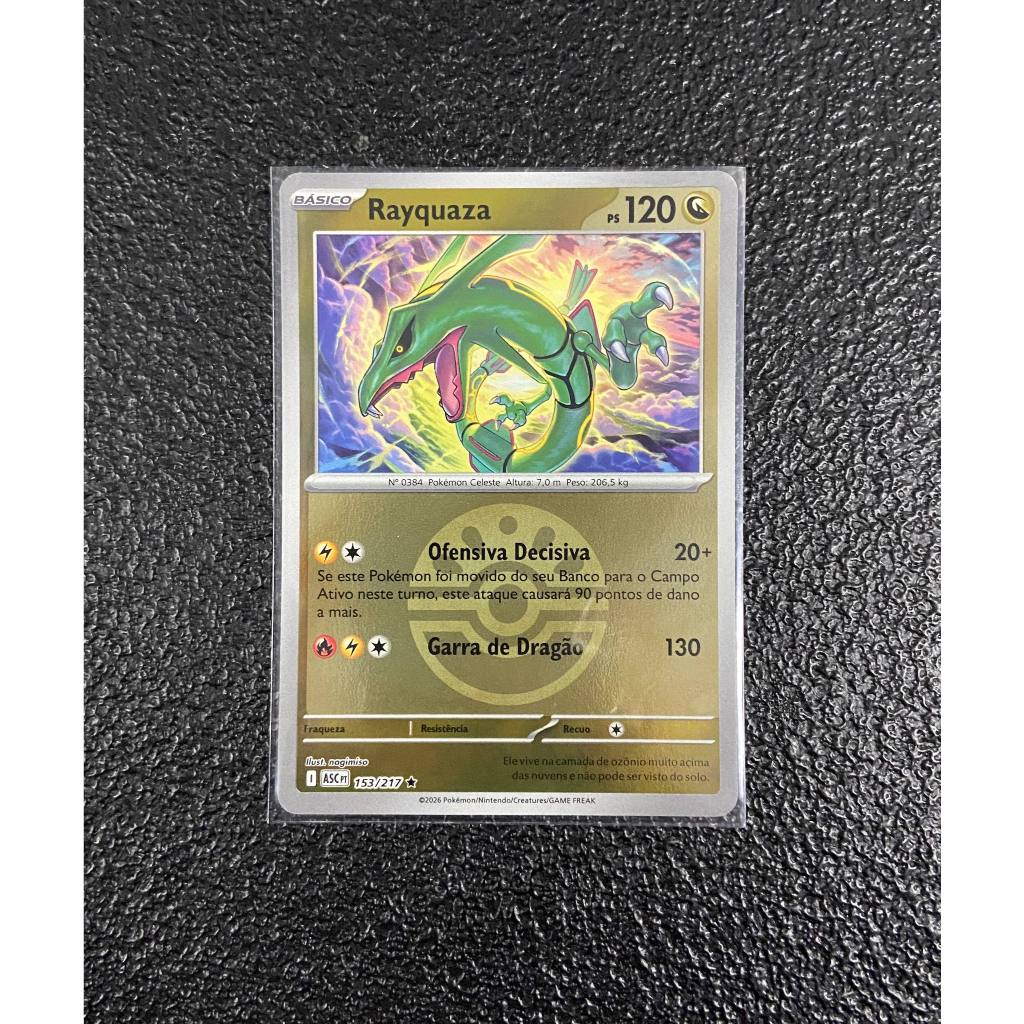 Carta Rayquaza 153/217 reverse foil pokebola + 5 cartas brilhantes aleatórias diferentes