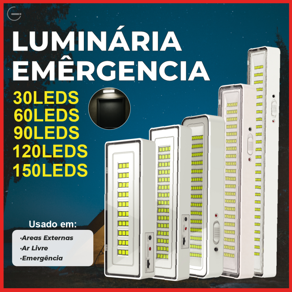 Luminária Emergência Lâmpada 150, 120, 90, 60 ou 30 Leds Recarregável Bivolt Luz Branca Fria