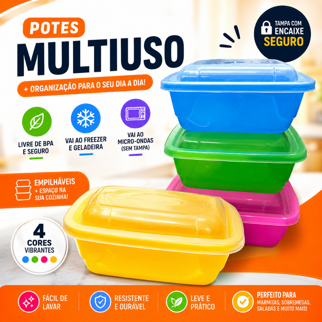Kit Potes Plásticos 750ml Para Marmita Fitness E Organização Da Cozinha