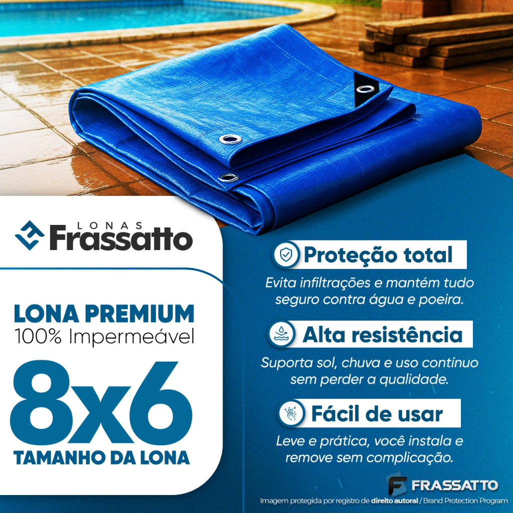 Lona Impermeavel 8x6 ou 6x8 Azul Reforçada Multiuso Piscina Proteção Uv Com Ilhós Frassatto + Corda