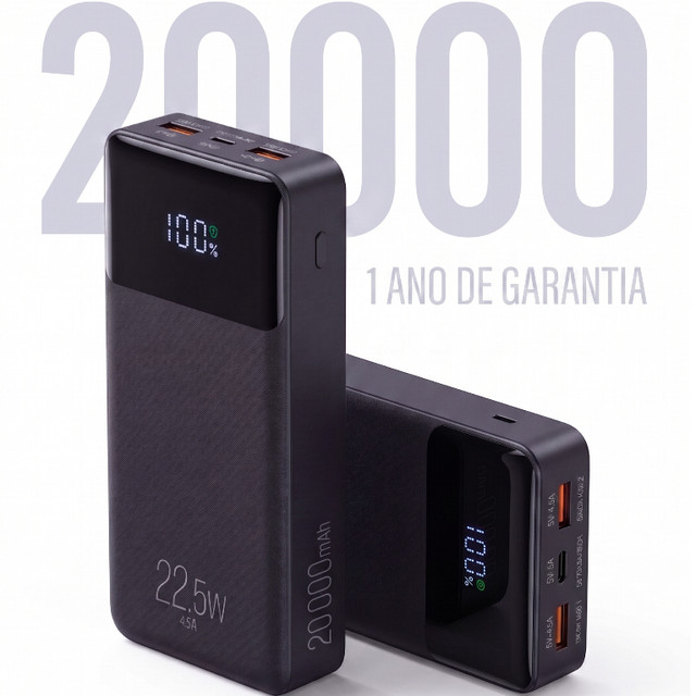 Power Bank Carregador Portátil Pro 20000mAH ELG PB200BK, Bateria Portátil Universal, Carga Rápida, Display Indicador