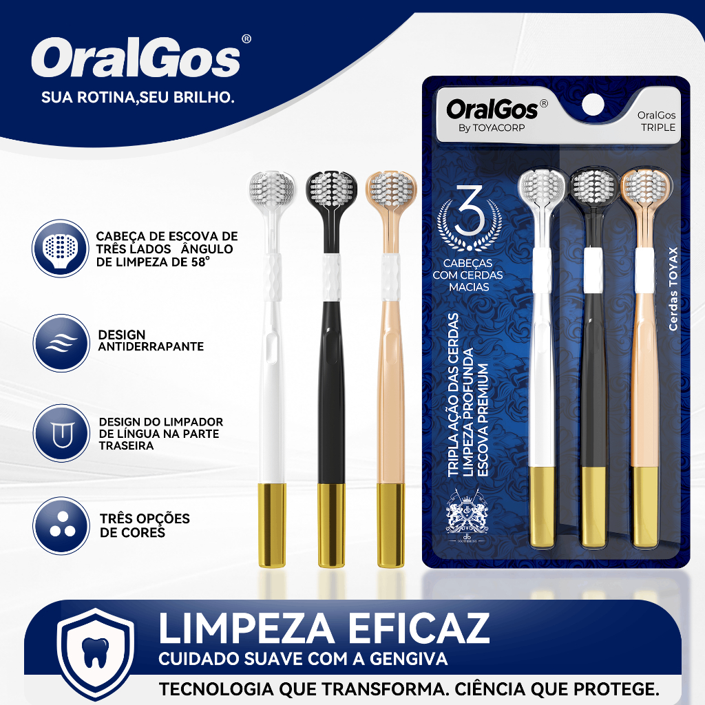 OralGos TRIPLO Escova de Dente 3 Lados com Raspador de Língua+Pega Antiderrapante