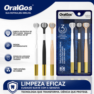 OralGos TRIPLO Escova de Dente 3 Lados com Raspador de Língua+Pega Antiderrapante