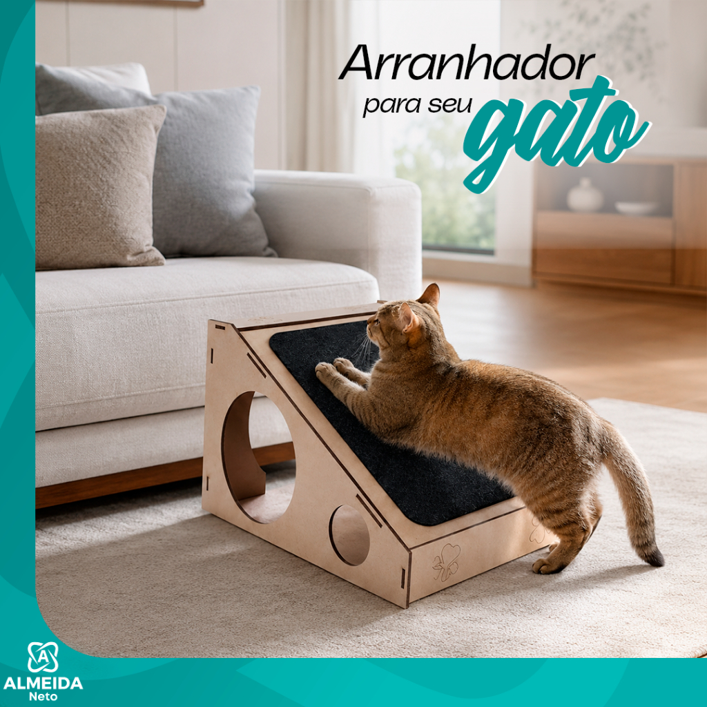 Arranhador Rampa Gatos Madeira MDF 4mm carpete Toca Antiestresse Protetor Moveis Afiar