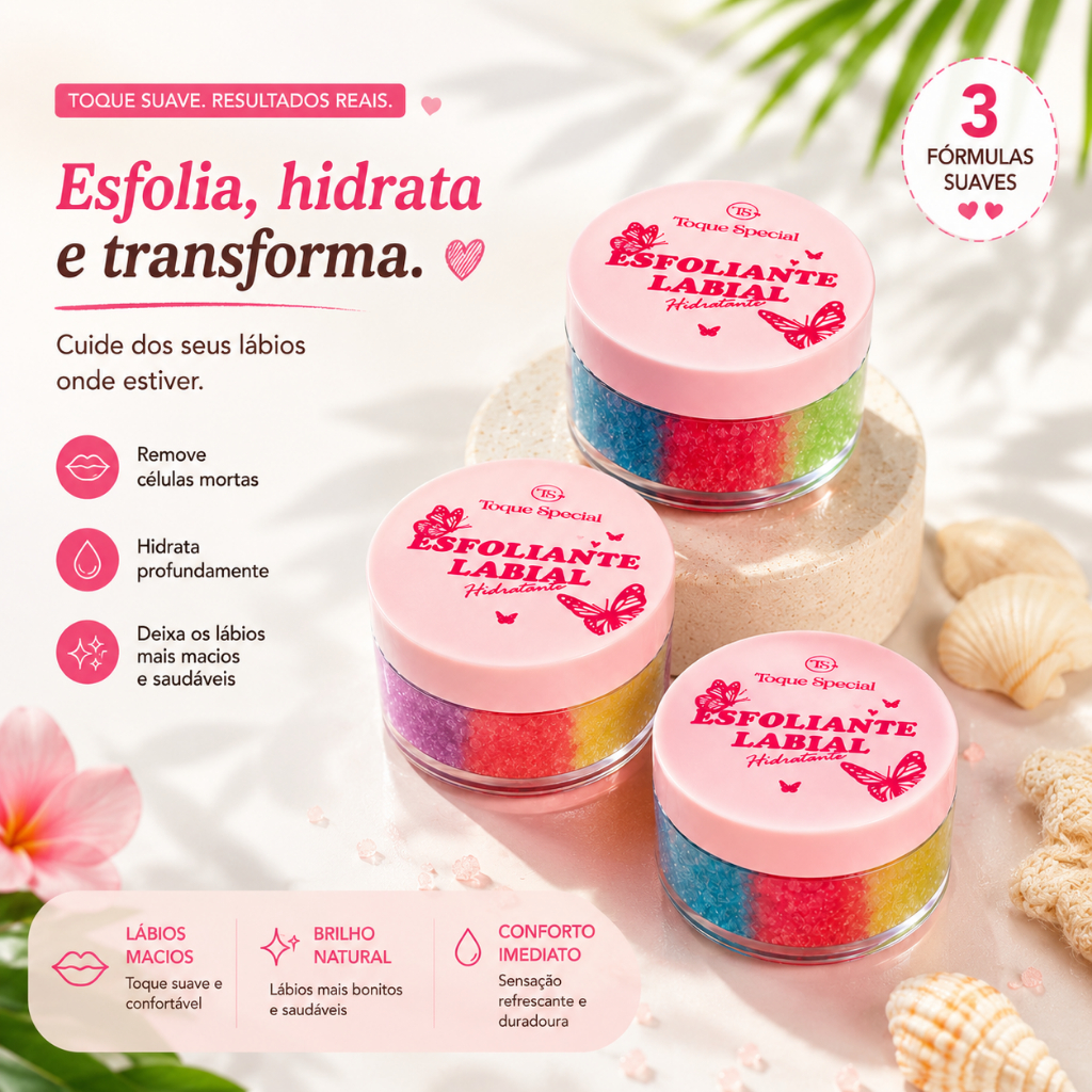Esfoliante Labial Hidratante 3 Cores Remove Pele Seca e Deixa os Lábios Macios