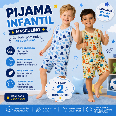 Kit 2 Pijama Regata Infantil Menino Verão 100% Algodão