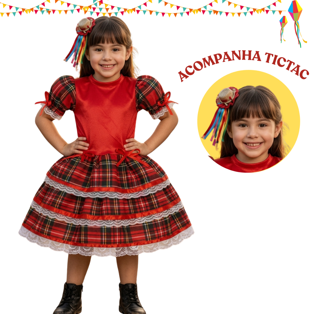 Kit Vestido Festa Junina Infantil Xadrez São João + TicTac Cabelo Quadrilha Arraia Quadrilha Roupa