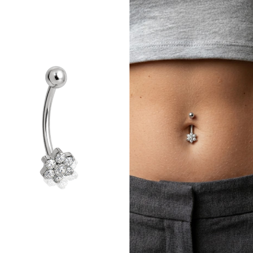 Piercing Micro Banana Bell Flor  Titânio Prateado e Dourado Pedras Zirconias Rook Intimo