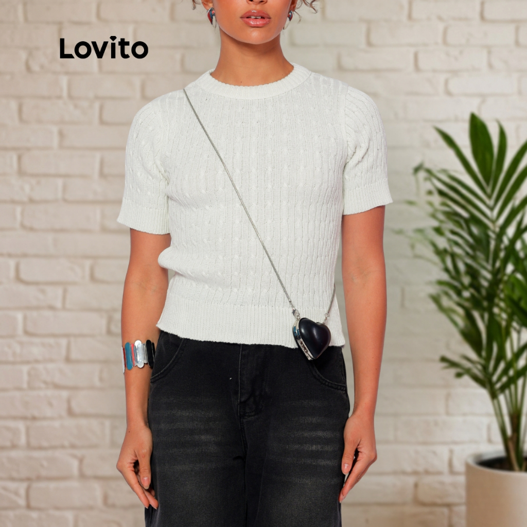 Lovito Blusa de Tricô Manga Curta Trançada BRTKB392BRL421
