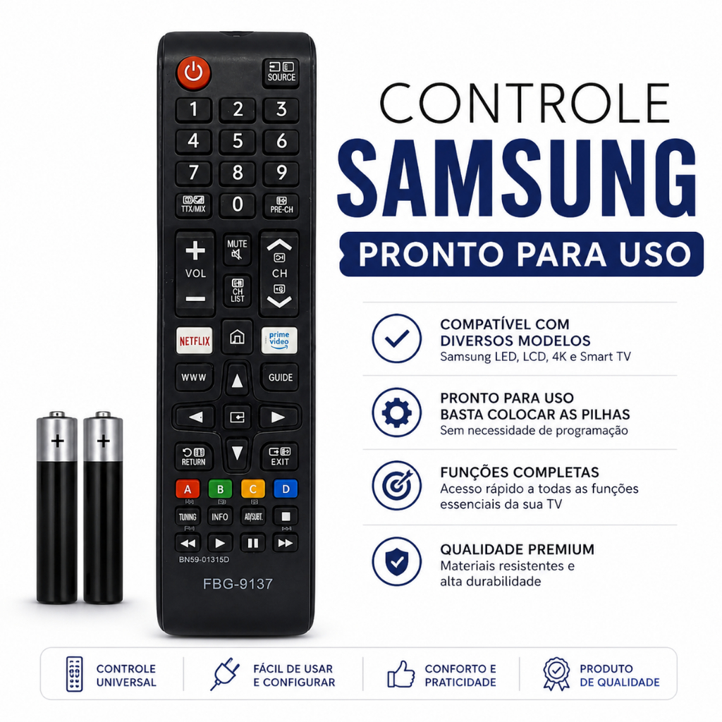 Controle Remoto Universal TV Samsung Preto TV Smart Netflix Prime Pilhas Inclusas Pronta Entrega